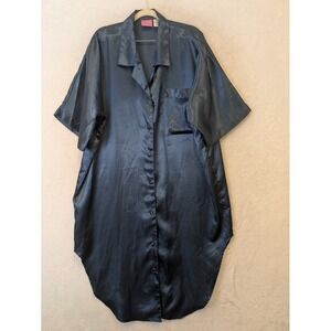 Sleep Solutions Women's L Navy Blue Satin Button Down Nightgown Sleep Shirt